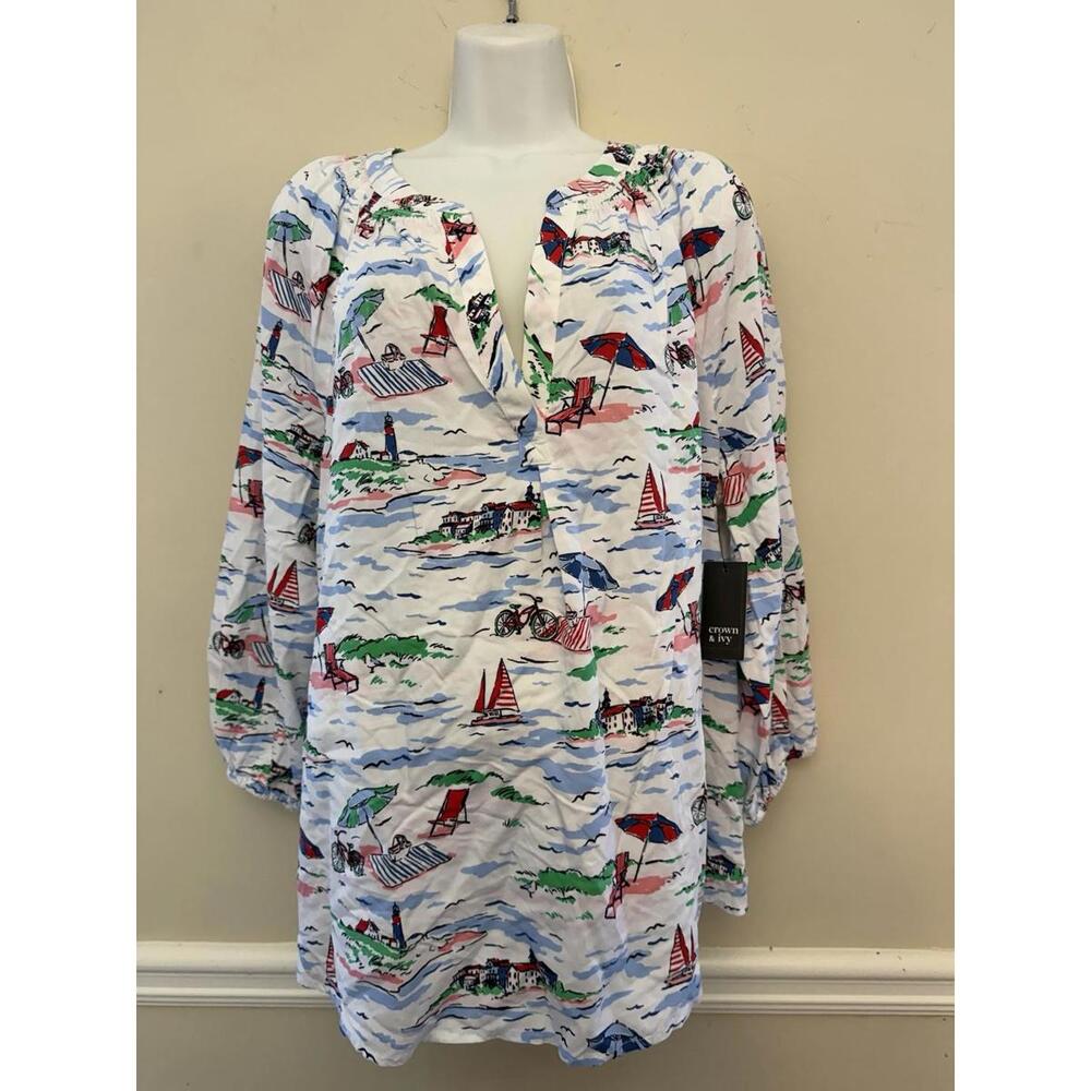 Crown & Ivy Beach Shirt Women’s 1X Pullover Top Long Sleeve Athletic Curvy NWT